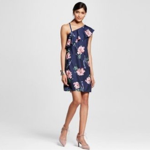 Molly Green one shoulder ruffle navy and pink floral dress w/ pockets size large - Picture 1 of 5